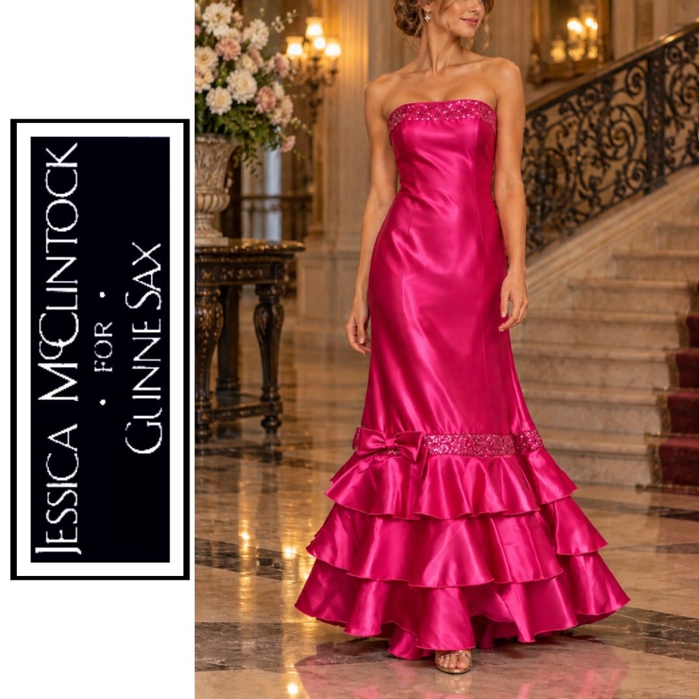 Vintage Jessica McClintock Gunne Sax Pink Satin Sequin Ruffle Strapless Dress 11